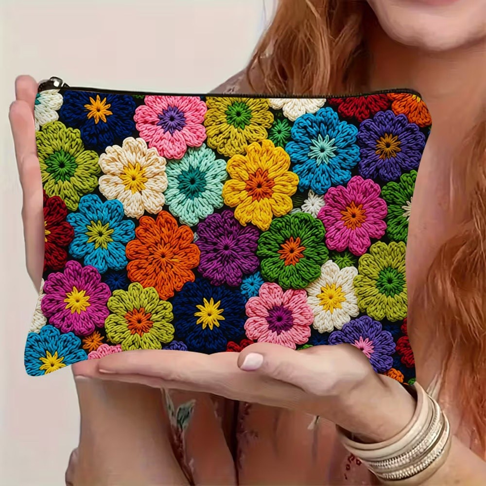 TEMU 1pc 2d Flat Double-sided Printed Multicolor Floral Makeup Bag, Hand- , Ethnic Style, Vintage Pattern, High-definition Image, Vibrant Colors,