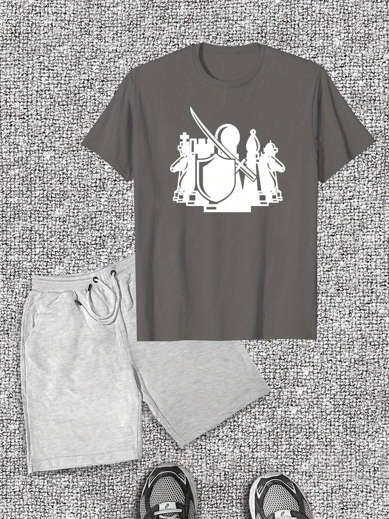 Men'S Casual Cotton T-Shirt and Shorts Set, Featuring a Chess Piece Design, Slight Stretch Fabric, Crew Neck, Summer Wear, Casual Attire|Modern Casualwear|Cotton Fabri