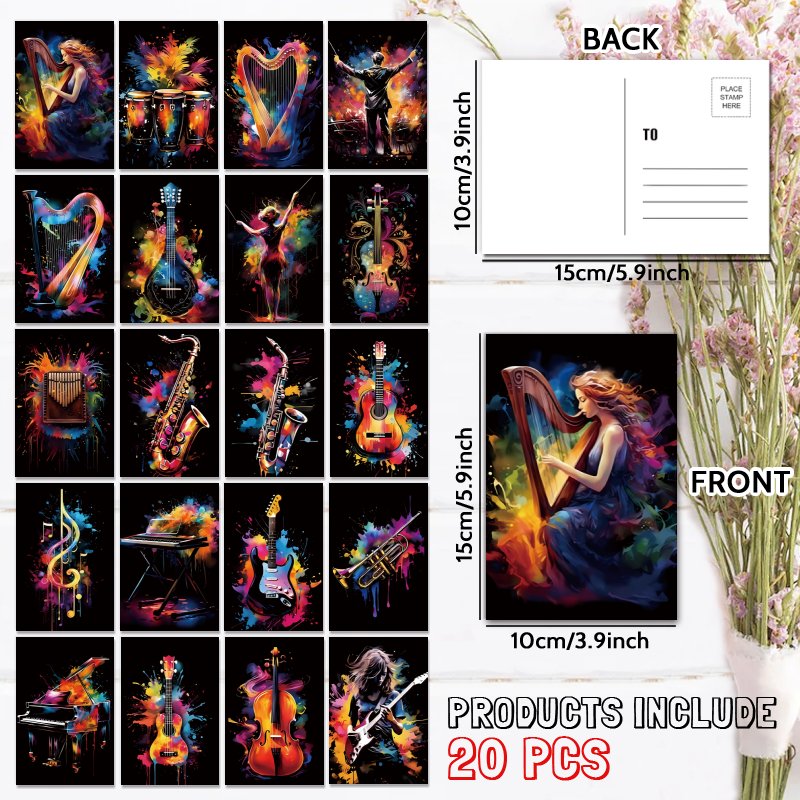 TEMU 20pcs Watercolor Musical Instruments Postcards - Vibrant Cartoon Design With Guitar, Violin, Saxophone & More - Perfect For Birthdays,