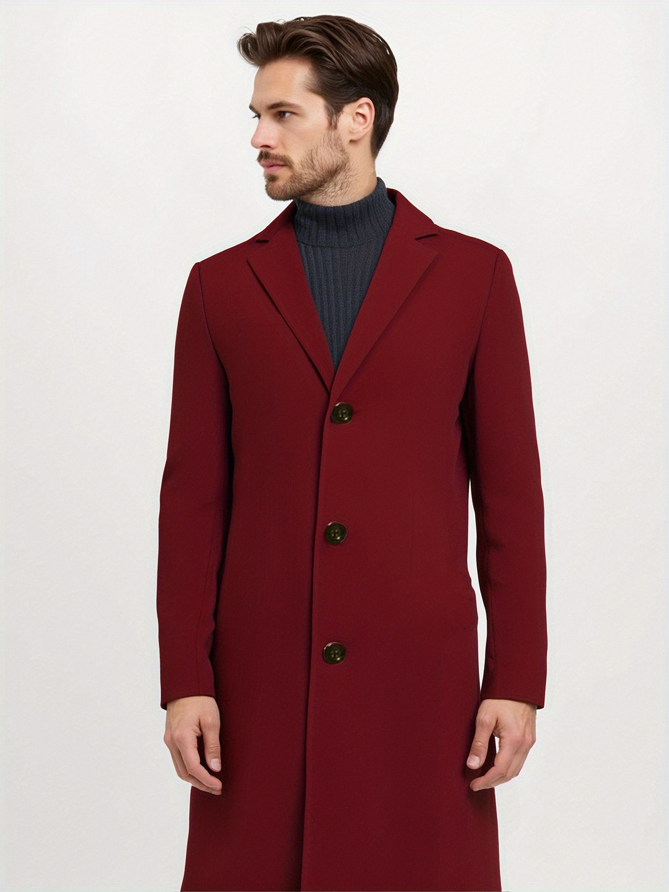 *'S Elegant Long-Cardigan Style Coat Solid Color Red, Double-Breasted  with Black Buttons, Notch Lapel, Long Sleeve, Polyester Lining Business  or