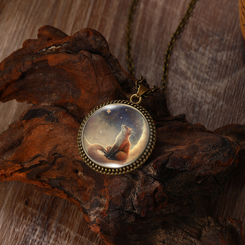 Handmade Glass Pendant Necklace with Crescent and Fox Design