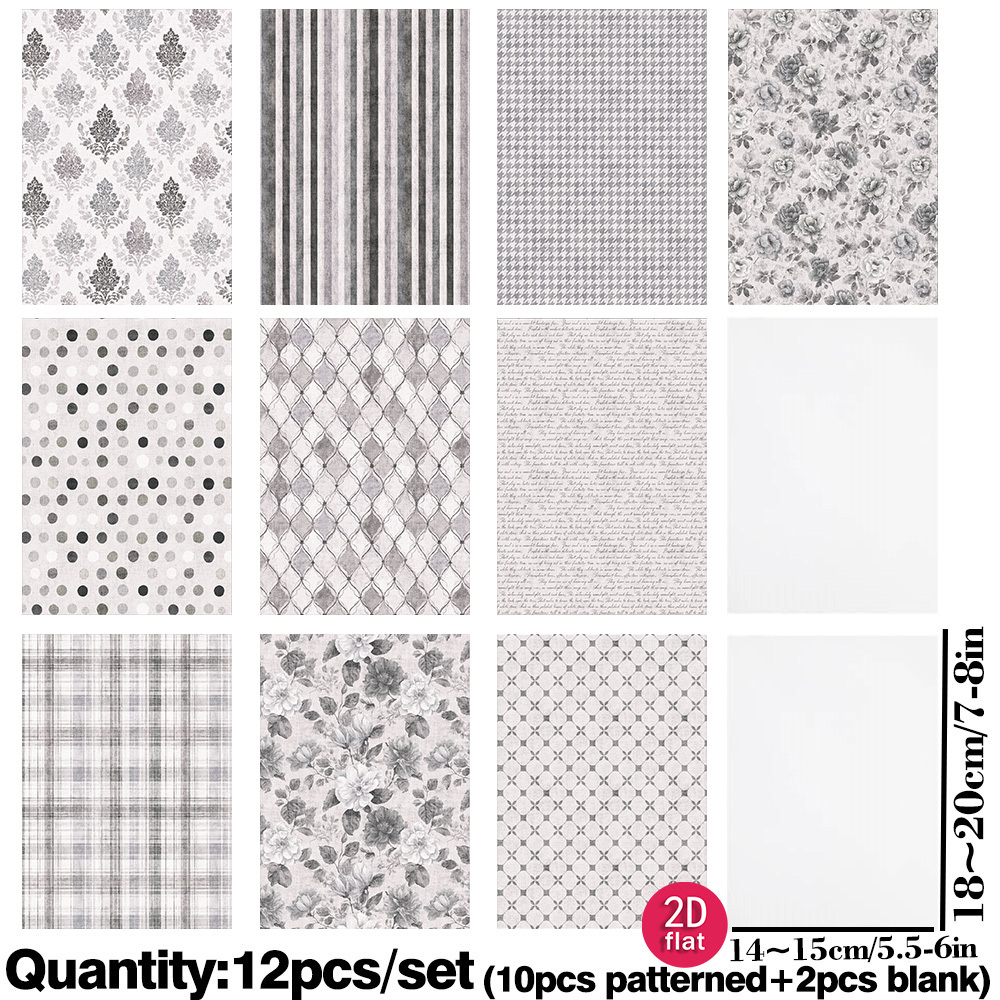 TEMU Ruonaorou 12pcs/Pack Papier Vélin à Pois Gris, Carreaux et Rayures, Papiers de Calque 2D Plats Monochromes à Motif Floral en Grille, Papier