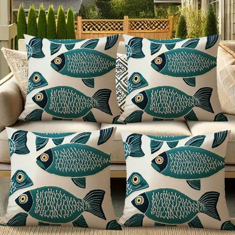 TEMU 4pcs Teal Fish Pattern Pillowcases, Single-sided Print, Modern And Stylish Decorative Pillow Covers, Suitable For Sofa, Living Room, Outdoor