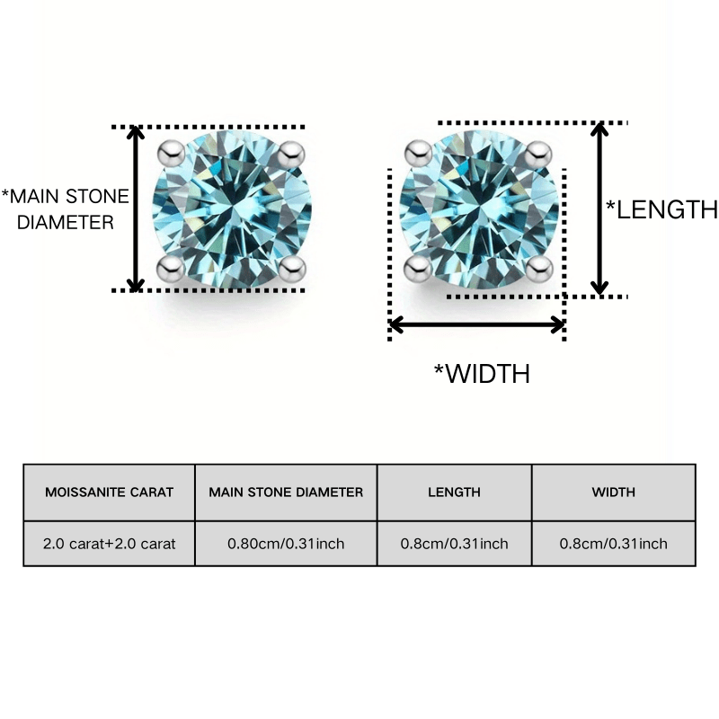 1pair 2.0 Carat Classic Light Blue Moissanite Earrings