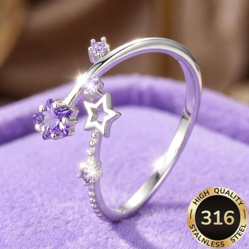 TEMU 1pc High-quality Open Adjustable Steel Hypoallergenic Light Luxury Exquisite Pentagram Design Ring With Purple Synthetic Synthetic Zirconia,