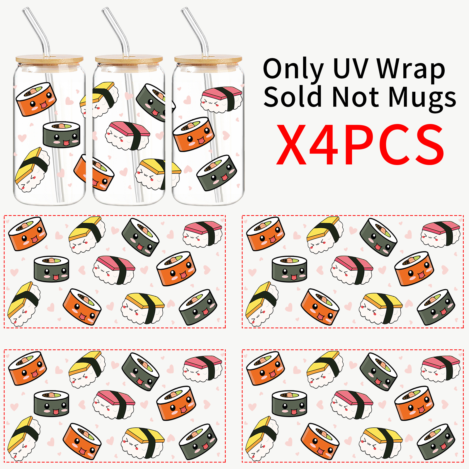TEMU 4 autocollants UV DTF, mignons de sushi cartoon, adaptés aux lunettes, tasses, bouteilles et ordinateurs portables, adhésifs résistants aux