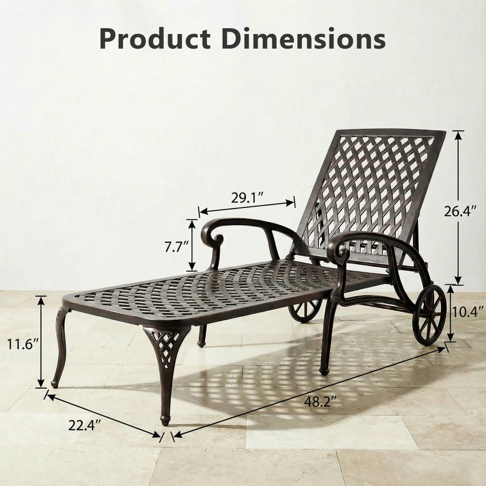 Andehomy Cast Aluminum Outdoor Lounge Chair on Wheels, Patio Recliner with Adjustable Backrest in 3 Positions, Perfect for Poolside Relaxation, Bronze And White Color