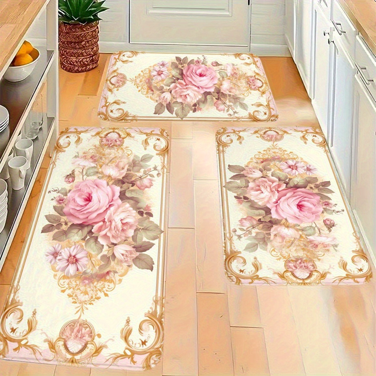 TEMU American-style Pink Rose Patterned Non-slip Floor Mat Made Of Soft Flannel With A Sponge Base, Featuring Elegant Golden Details. Hand Washable