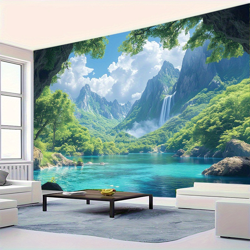 Extra Large Natural Waterfall Tapestry Tropical Greenery Blue Wall Hanging For Living Room Bedroom Background_voghion.com