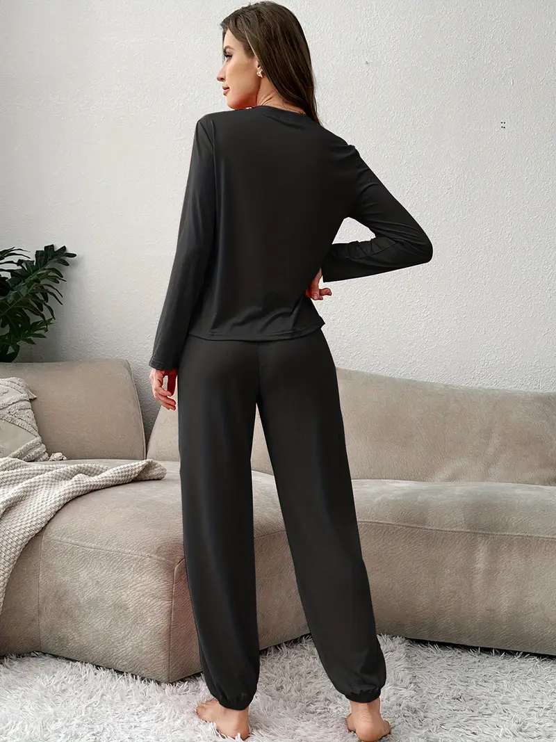 3 sets of womens pajama sets round neck long sleeved top solid color trousers solid color fabric casual loungewear outside pajamas attire relaxed fit soft texture lounge wear adults winter pajamas breathable material pajama set adults pajamas Product details 8