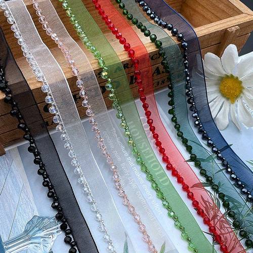 1yard handmade crystal beaded sheer ribbon with floral lace trim multi color sparkling diy craft ribbon for clothing bags hats accessories decoration ribbons for crafts bag decoration decorative trim delicate beading accessory creators