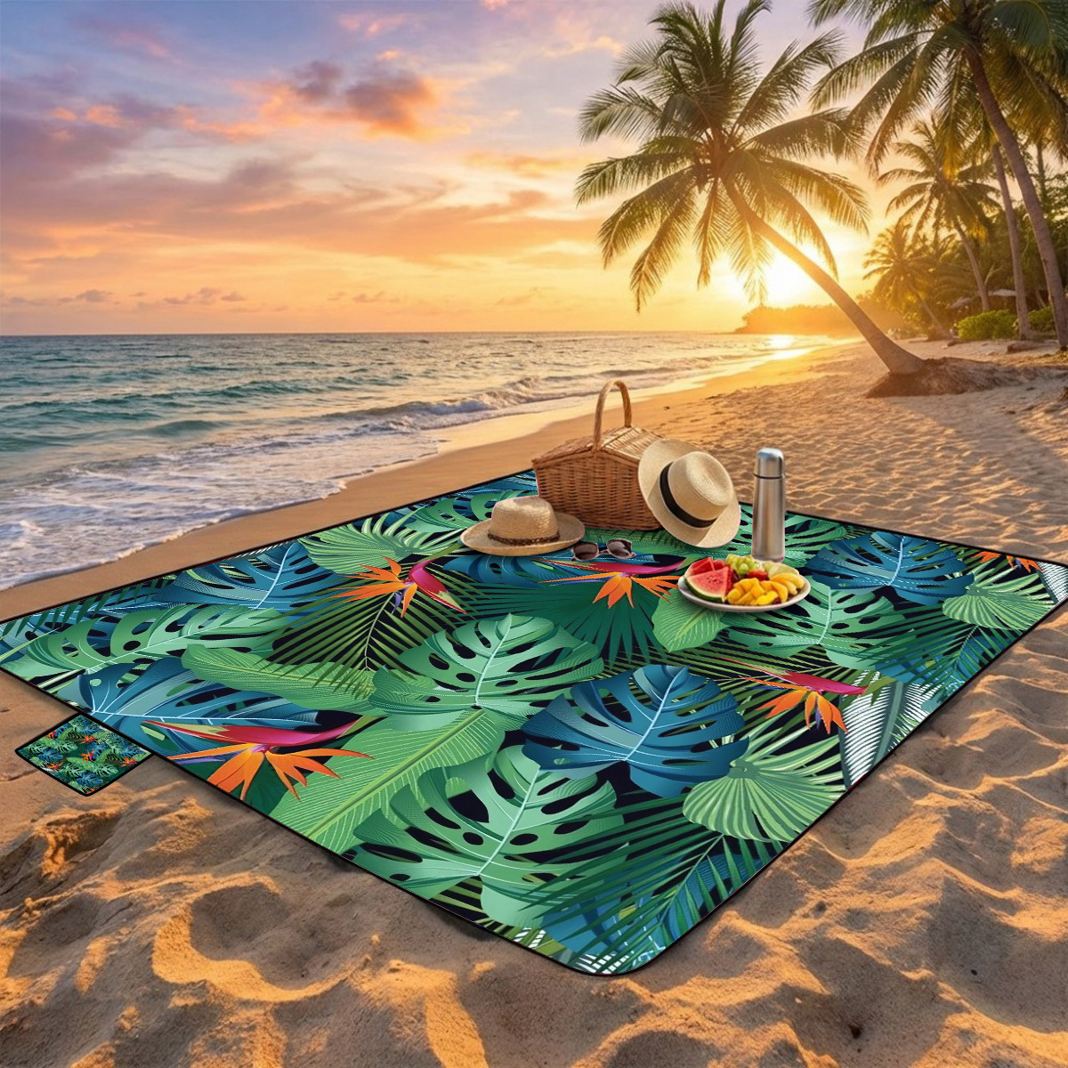 Tapete de picnic plegable para exteriores con flores tropicales, 1 pieza, tapete de playa, reutilizable, portátil y duradero, con un diseño de almacenamiento conveniente. Adecuado para playas, camping, patios traseros y actividades al aire libre. No apto para contacto directo con alimentos.