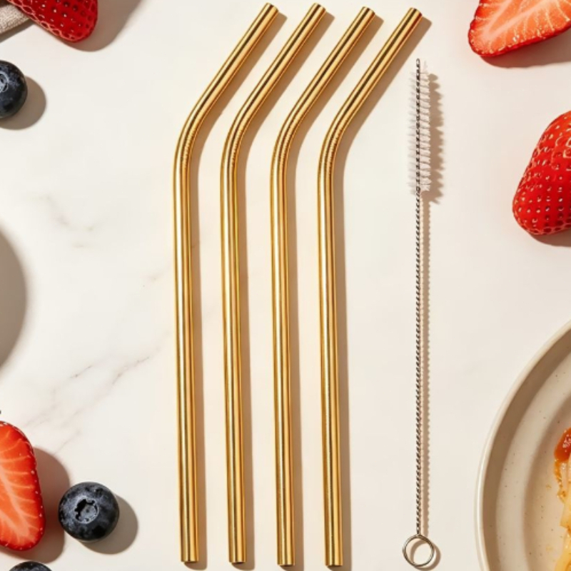 TEMU [luxury-style] 5pcs Golden Stainless Steel Straw Set- Reusable, Portable, High Appearance Quality. 4 Straws+ 1 Cleaning Brush.