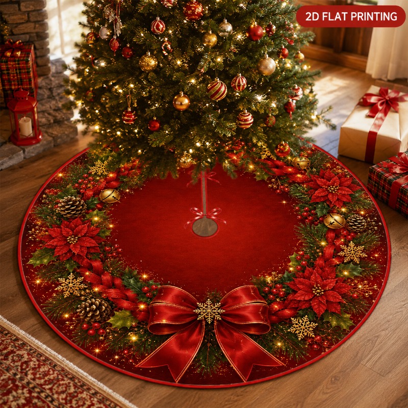 TEMU 2d Flat, 2d Flat, Of Red Rose Wreath Christmas Tree Skirt, Red Flowers Branches Berries Bells Red Bow Printed, Round Christmas Decorative Skirt,