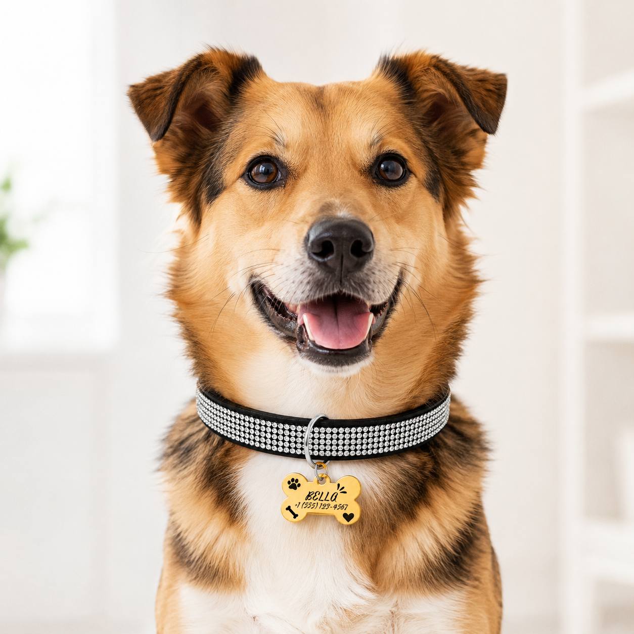 Diamond-Studded Pet Collar with Engravable Bone Dog Tag