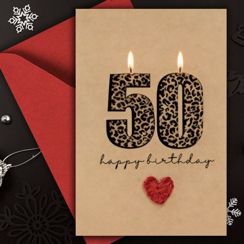 TEMU Biglietto d' 1 pz con , Biglietto di compleanno divertente con , Candela con stampa leopardata per 50簞 compleanno 1 pz, per congratulazioni per