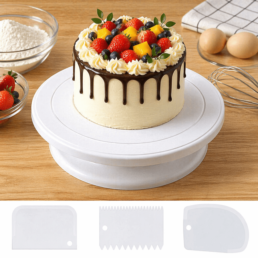 TEMU Kit de décoration de gâteaux, ensemble d'outils de pâtisserie, incluant un plateau tournant et 3 spatules à glaçage. Convient aux débutants et