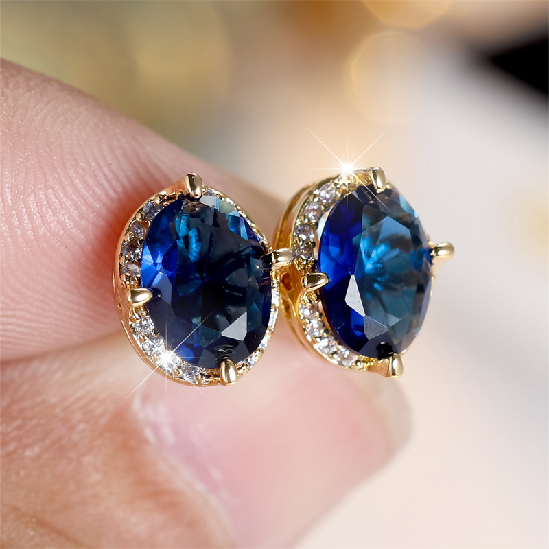 TEMU 1 Pair Golden Color Oval Cut Blue Stone Earrings Women Wedding Stud Earrings Jewelry, Without Battery