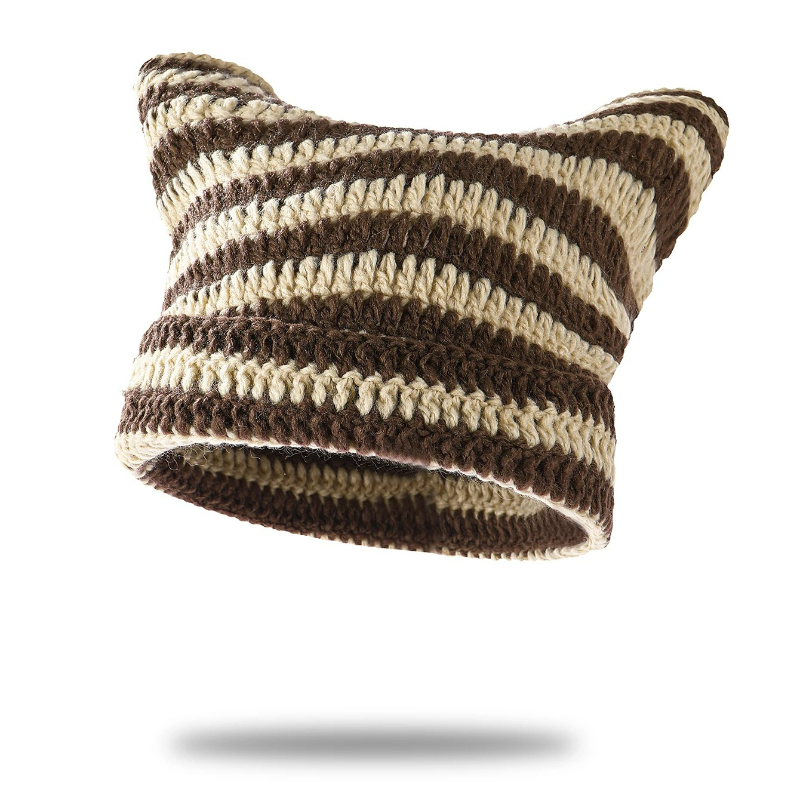 TEMU Autumn And Winter New Cute Cat Ears Warm Hat For Women Head Hat Striped Hat Christmas