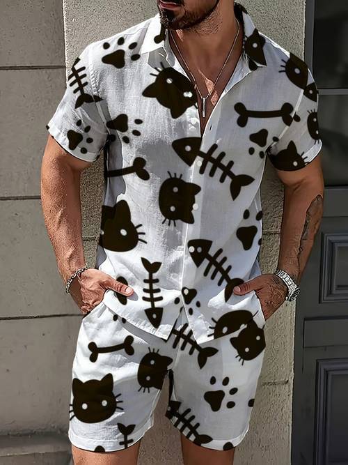 item picture white cat print mens short sleeve shirt and shorts set for beach pool or casual lightweight comfortable and stylish summer wear with fun animal pattern