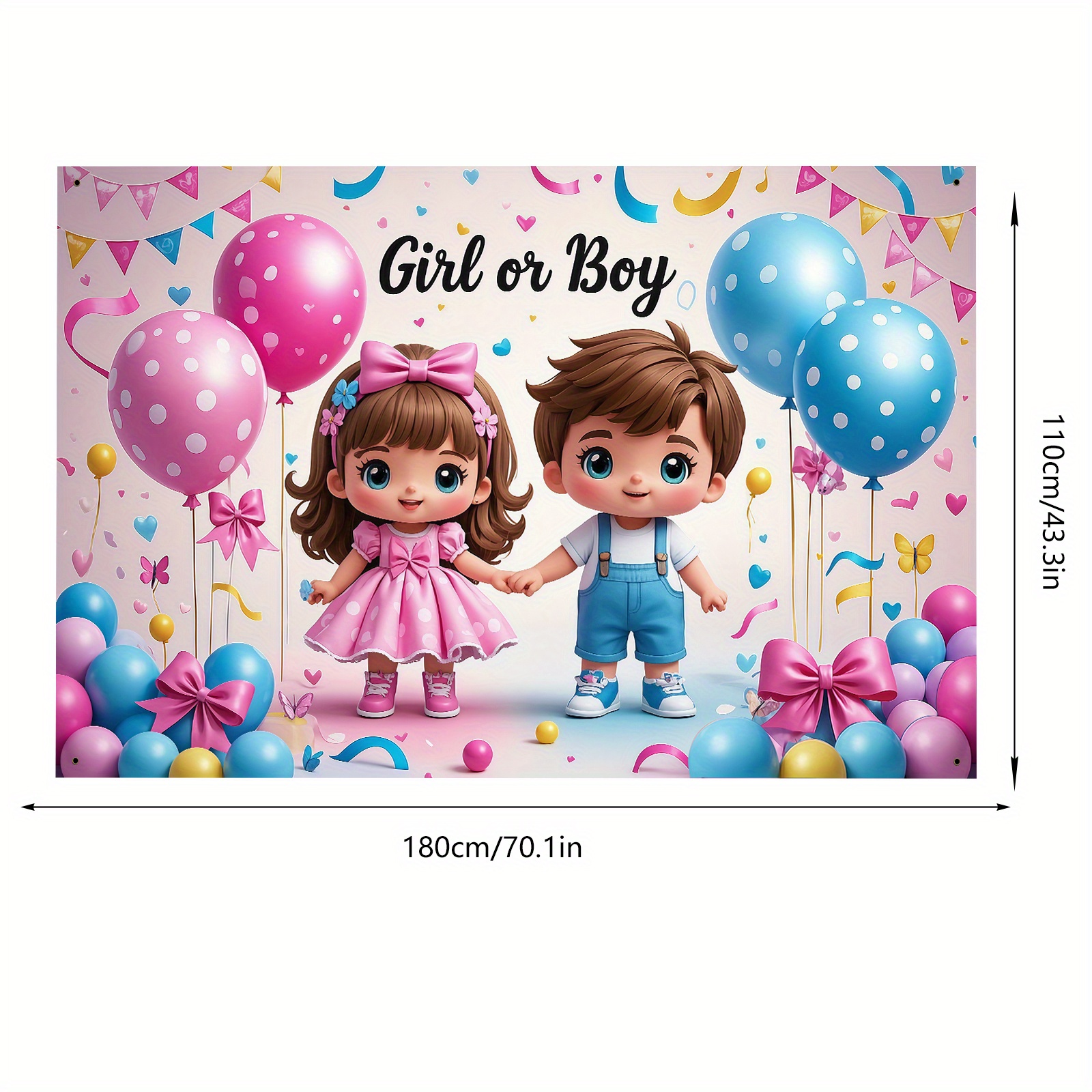 E-shop (43.3*70.8 Zoll / 110*180 cm), Polyester-Material, Geschlechtsenthüllungs-Thema Dekorhintergrund - Cartoon-3D-Stil mit Junge hält Mädchen,