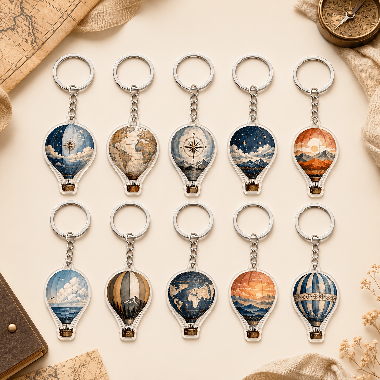 TEMU 2D Flat - 10 Stück Vintage Heißluftballon Acryl Schlüsselanhänger, Weltkarte Kompass Bergmuster Taschenanhänger, Reise-Themen Schlüsselanhänger,