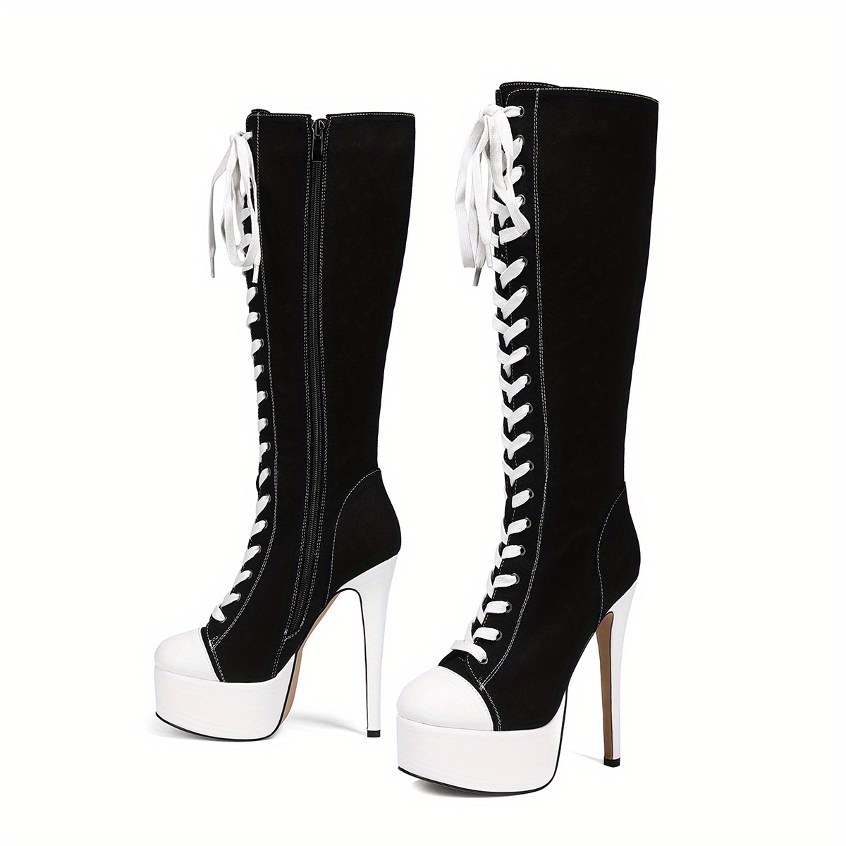 Image of Knee-high Winter Boots For Women Featuring A Black And , High Heels, Material, And Platform Straps., Women Shoes