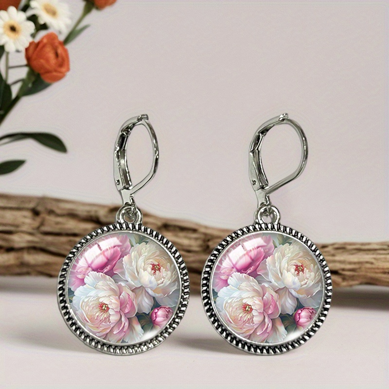 TEMU A Pair Of Vintage Round Glass Earrings Featuring Peony Flowers, Without Battery