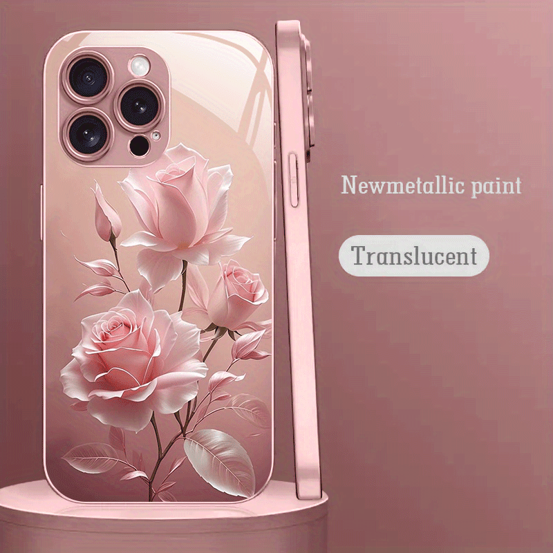 TEMU Phone Case: Rose Pattern Pink Metallic Paint Tempered Glass Hard Phone Case, Suitable For Iphone 16/16 Pro/16 Plus/16 Pro Max/ Pro/15 Pro