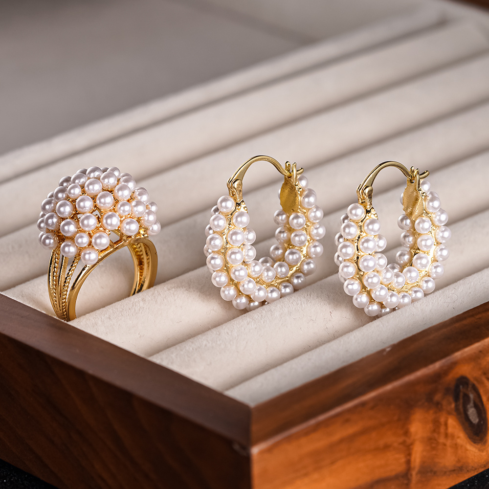 TEMU 2-set French Style Retro Shell Pearl Earrings Bouquet Ring Jewelry Set For Women Weddings Parties Banquets Vacations Wearing Luxurious Jewelry