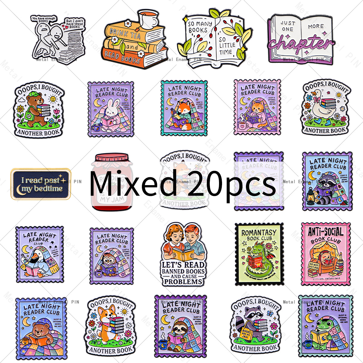 TEMU 20pcs Random Mixed Funny Book Lovers Enamel Lapel Bookworm Reading Quotes Pin Badge Brooches, Fashion Metal Decorative Pins For Backpack Bag