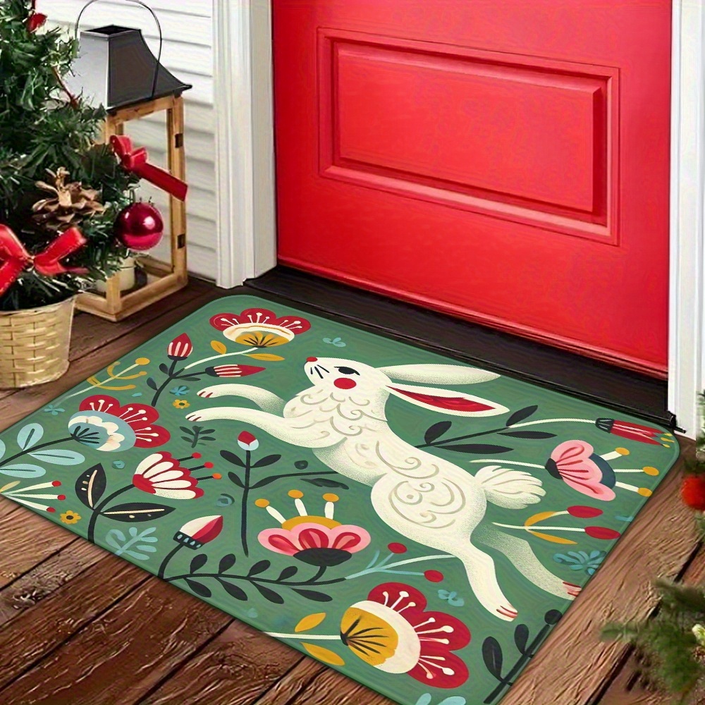 TEMU Adorable White Rabbit And Flower-patterned Doormat - A Non-slip, Washable Rug Suitable For Indoor Spaces - Ideal For Decorating Kitchens, Bedrooms, Bathrooms, And Offices!