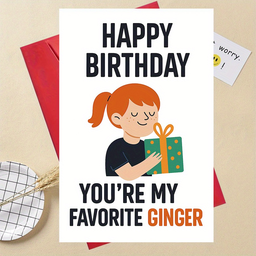 TEMU 1pc Funny Birthday Card For Redheads - Ginger-themed Funny Birthday Wishes With Cute Ginger Girl & Red , Humorous "you're Ginger" Message,