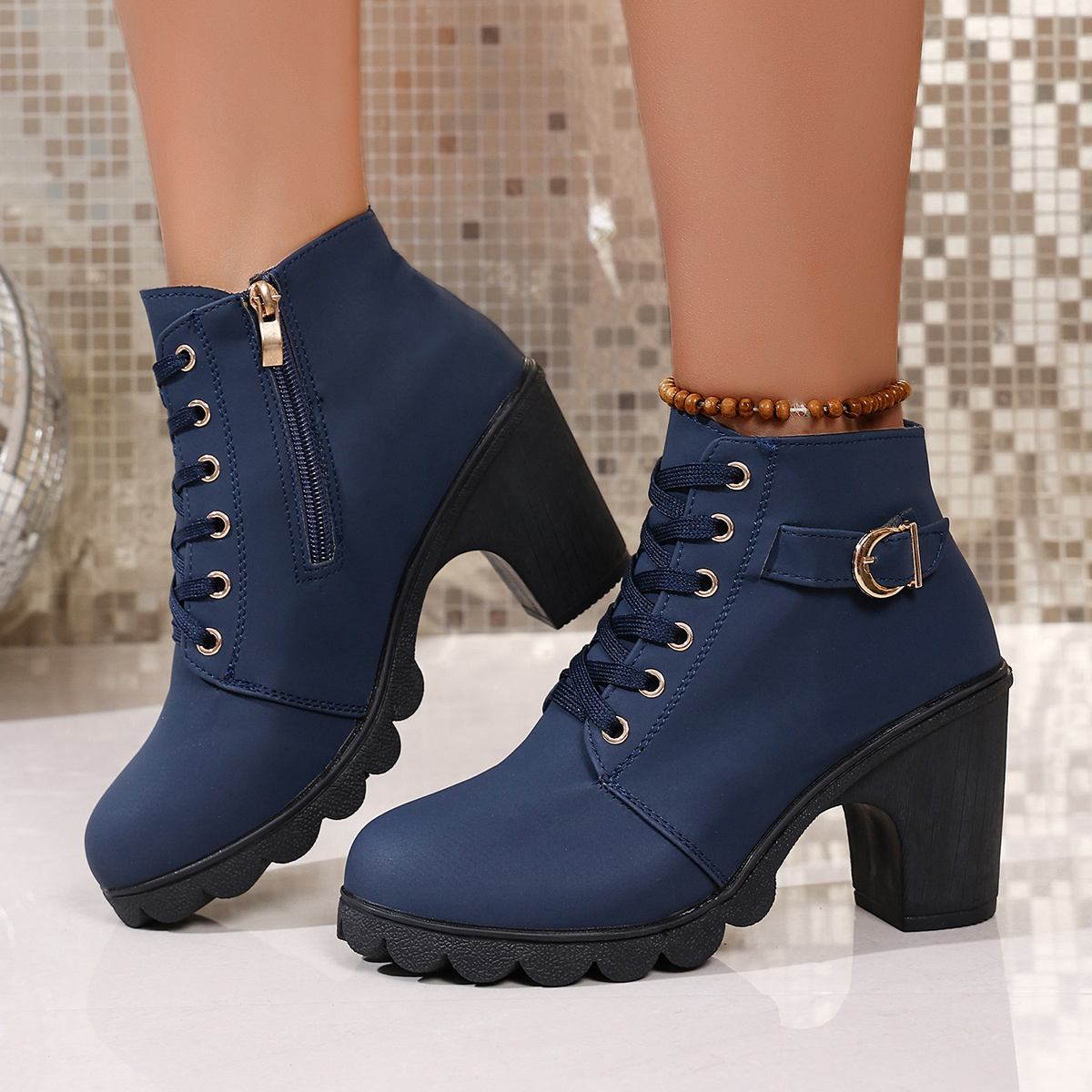 womens chunky heel ankle boots side zipper navy blue Temu Oman