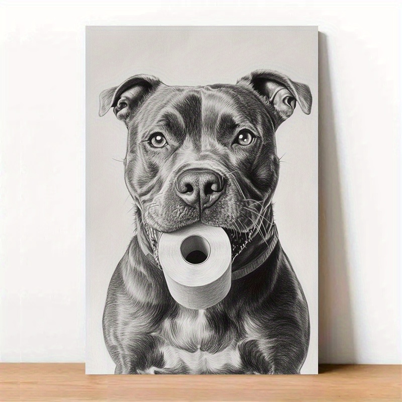 TEMU 2d Flat, 2d Flat, 1pc Canvas Poster Without Frame - A Pitbull Dog Holding A Toilet Paper Roll In Its Mouth- Frameless Mural For Living Room,