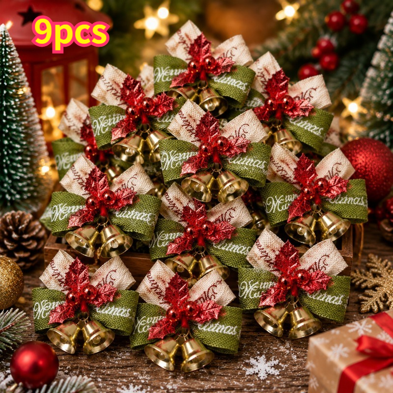 TEMU 9pcs Cloches Noël de nœud, parfaites pour la décoration de sapin de Noël, de cadeaux, , les fêtes du An - Petit ornement avec pointe dorée,