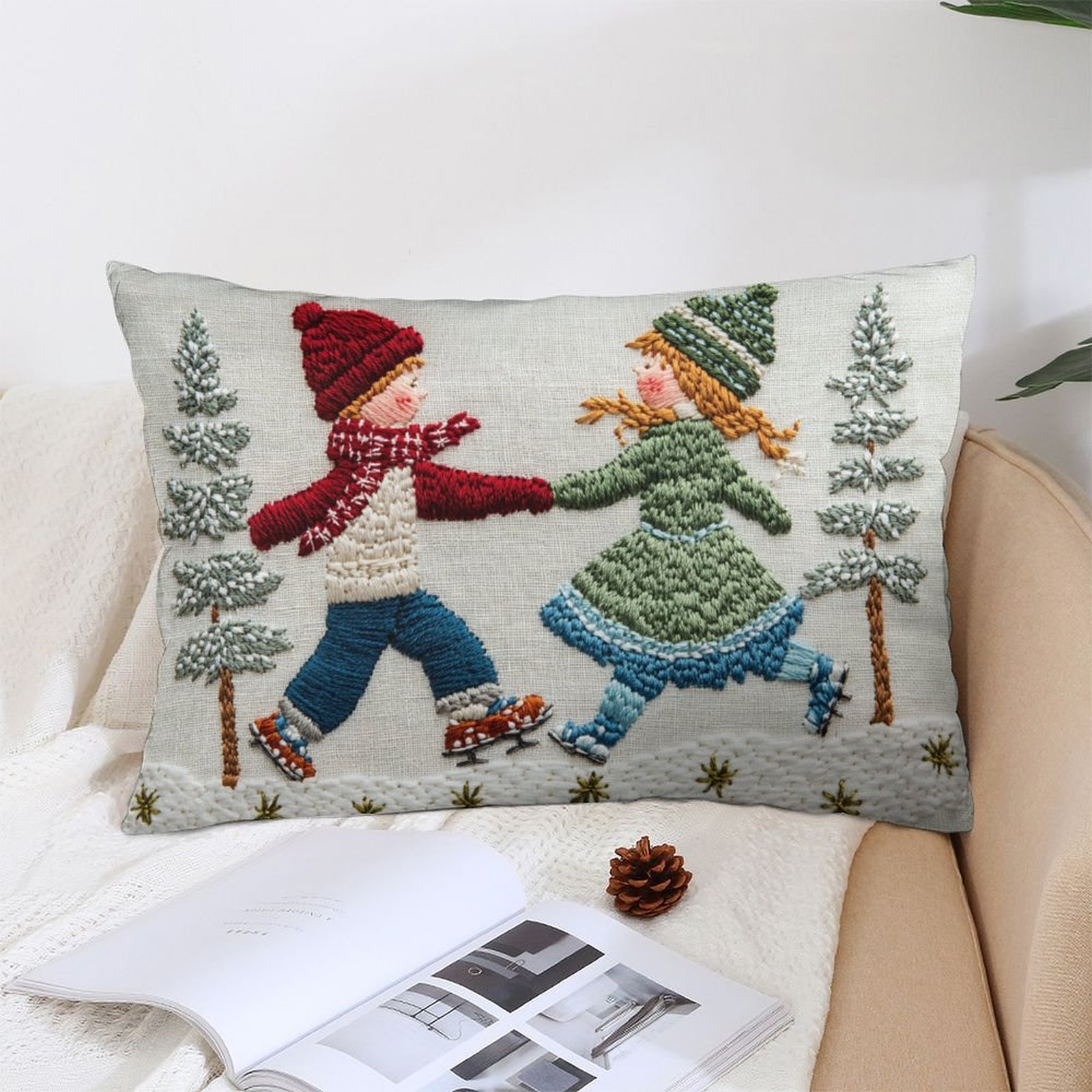 

1pc Embroidered Snow Scene Plush Throw Pillow Cover, Style, Zippered Polyester Cushion Case, Machine Washable, Woven Decorative Pillowcase, 12x20 Inch, With Cozy For Sofa, Bedroom, Living Room Decor