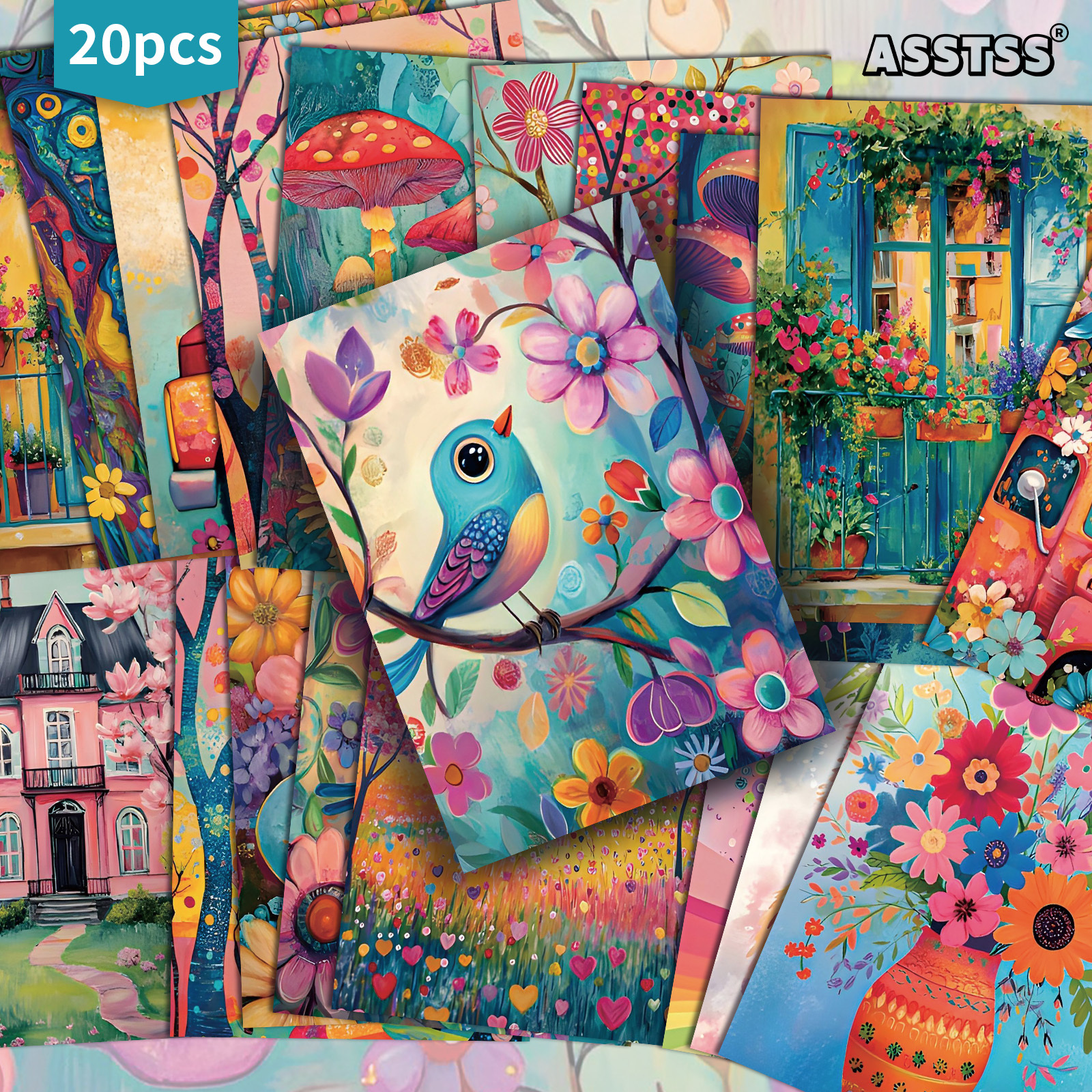 TEMU 20-pack Asstss Spring Bluebird And Colorful Flowers Gift Cards - 4x6 Inches Retro Junk Journal Paper,single Or Double Sided,single Or Double
