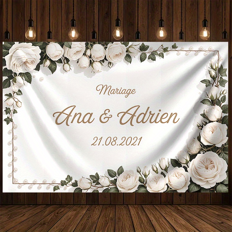 TEMU Photography Backdrop 1pc Personalized Wedding Backdrop - Elegant Floral Decoration Banner With Name And Date, 90.5 X Inch Large Size For