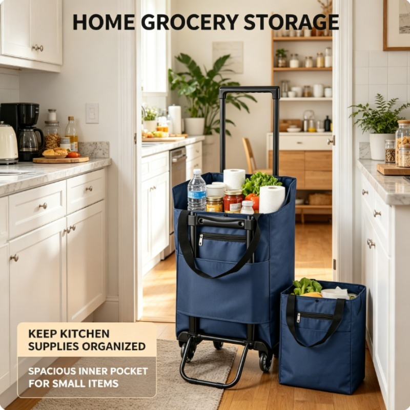 Image of Foldable Shopping Trolley With Wheels Stair Climbing Cart Telescopic Handle Anti Theft Zipper Grocery Tote Bag Collapsible Rolling Utility Cart For Travel Camping Picnic