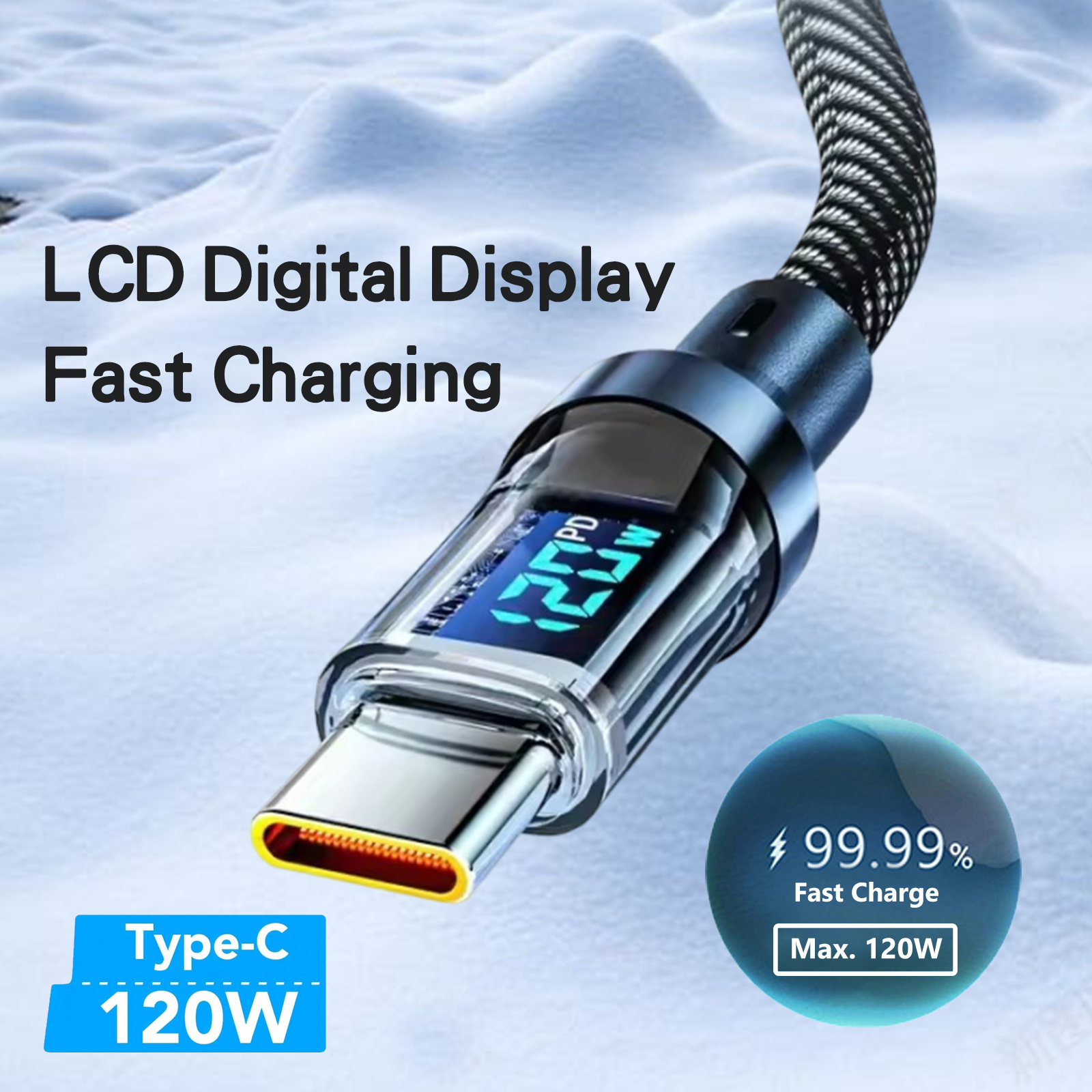 

Afgvk 120w Super Fast Usb-c Cable With Lcd Digital Display, Type-c To Type-c, Flat Pvc Data Cord, Real-time Charging Information, Automatic , ≤36v Operating Voltage, 50-80w Power For Home