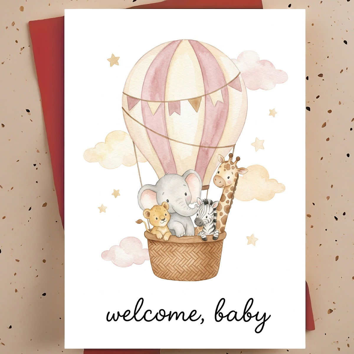 E-shop Willkommen Baby Heißluftballon-Tier-Karte | Süßes Giraffen-, Elefanten-, Zebra-Ballon-Design mit Sternen Wolken für Neugeborenen-Feiern,