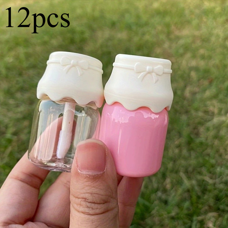 [12pcs Cute Lip Gloss] 12pcs Refillable Travel-Friendly Cute Milk Bottle-Shaped Mini Lip Gloss Tubes | Empty Plastic Jars with White Lids & Bow Details, Transparent Container, Twist Cap, Fragrance-Free