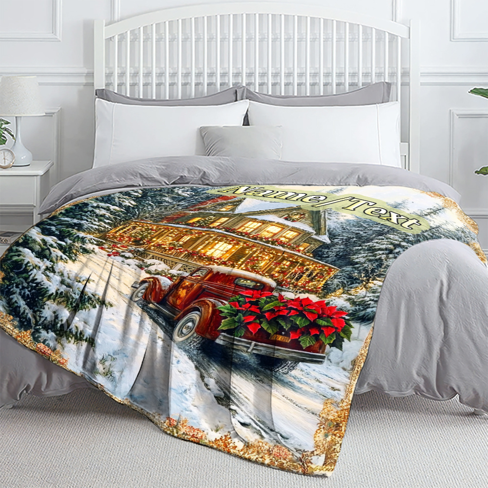 TEMU Customizable Christmas Eve Print Fleece Blanket - 1pc Personalized Name Flannel Throw For Sofa, Bed, Travel, Living Room, Office, Couch, Chair -