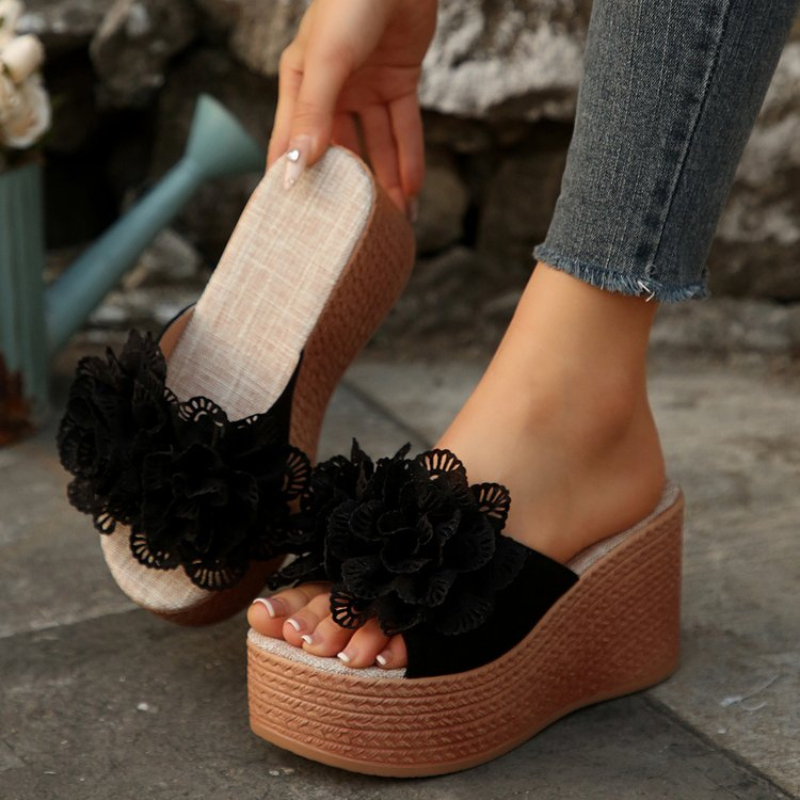 Image of New Model Flower-patterned Wedge-heeled Sandals For Women. Hand-woven Hemp Rope, Thick Sole, Height-enhancing Design, One-strap Sandals For The Beach., Women Shoes
