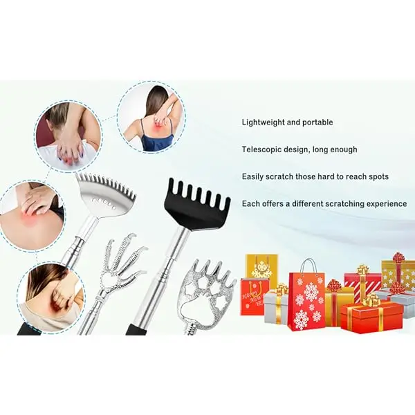 4pcs extendable back scratcher & massager tool with telescoping metal shaft - heavy-duty back scratcher with non-slip grip, portable back massager for adults, s, men, women - ideal stocking stuffers, birthday, christmas gifts (black) - space-saving design for home, travel, office use, accessory, ergonomic grip, durable construction, essential, with rubber handles Product details 2