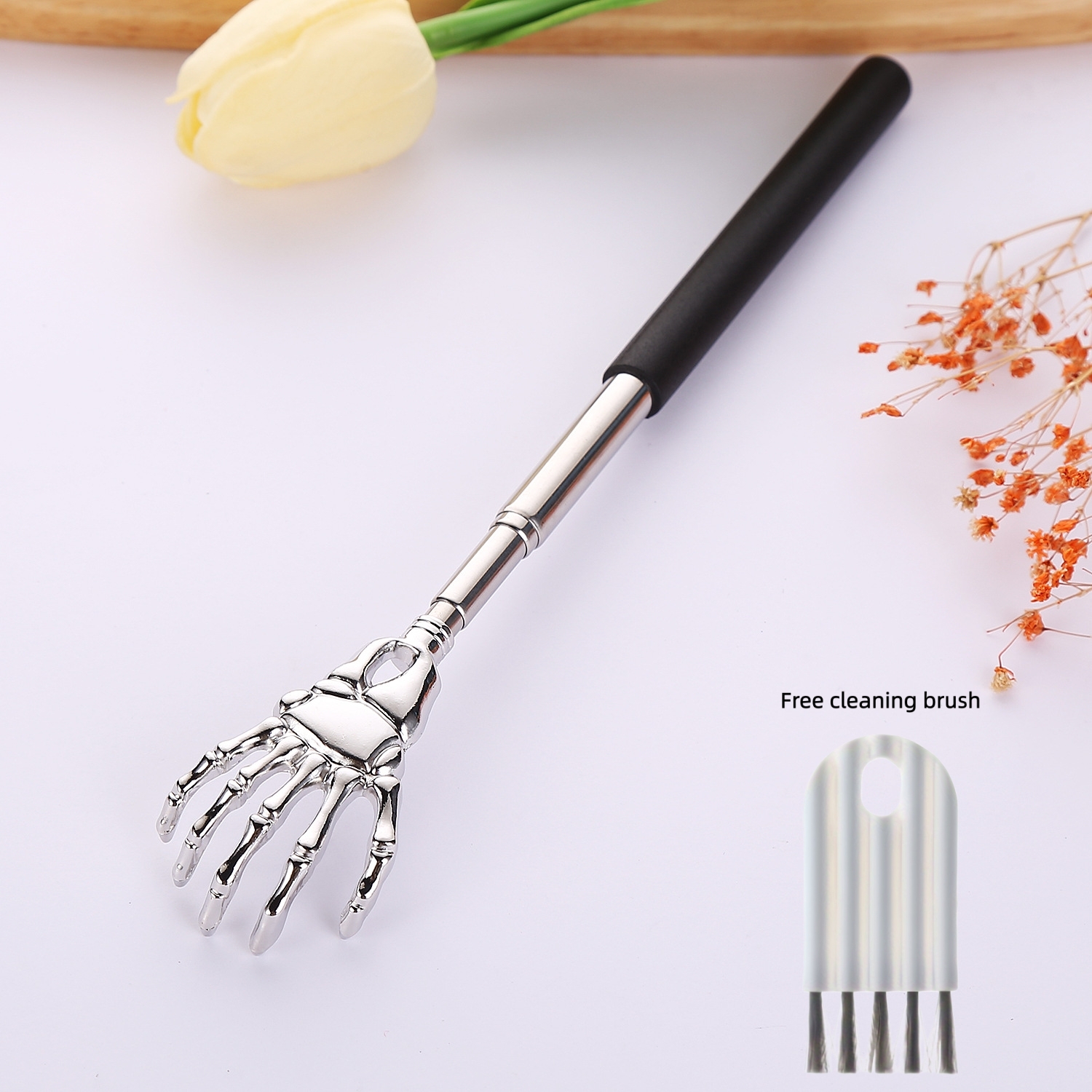 2pcs, (1 Retractable Back Scratcher + Free Cleaning Brush), Portable Metal Claw Design | Unique Handle With Durable Scratching Head