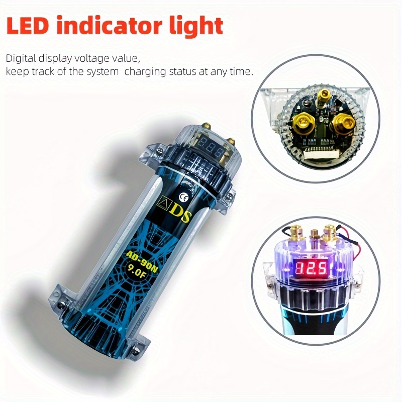 TEMU 9.0 Faraday Car Capacitor For Audio Digital Capacitor Amplifier Regulator Led Voltage Display Car Audio Modification 3000w- 10000w, No Battery Required