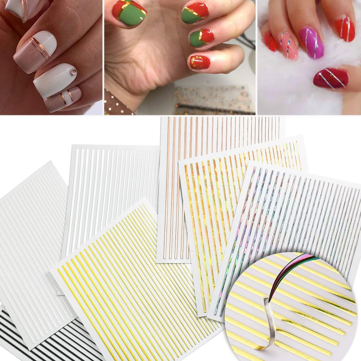 Image of Set Of 7 Metallic For Nail Striping Tapes For French Tip , Featuring Adhesive Holographic Foil Designs And Golden Sticker Decals For Nail Art