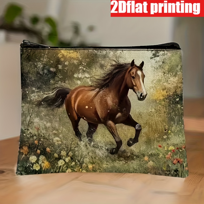 TEMU 2d Flat Printed 1pc Vintage Style Makeup Bag, Horse-themed Cosmetic Pouch, Formaldehyde-free High-quality Toiletry Bag, Ideal Birthday Gift For